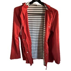 Vintage Bright Red‎ Womens 2XL Hooded Windbreaker Parka Rain Jacket Zip Button